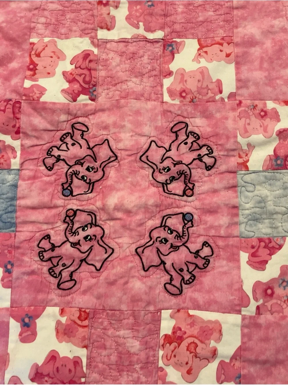 Handmade Pink Baby Quilt with Blue Accents